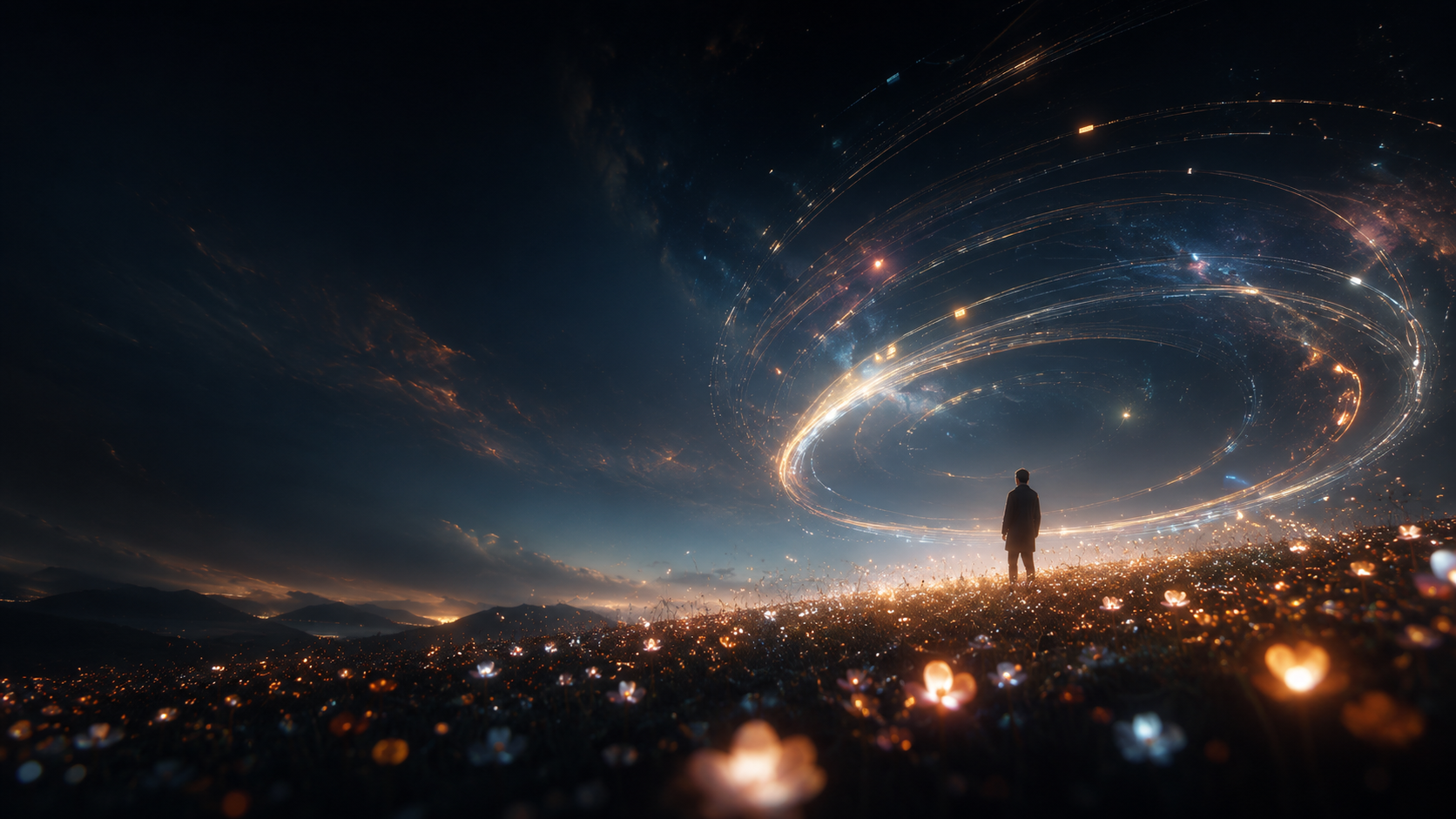 Figure standing in a luminous field beneath a swirling galaxy of orbiting light