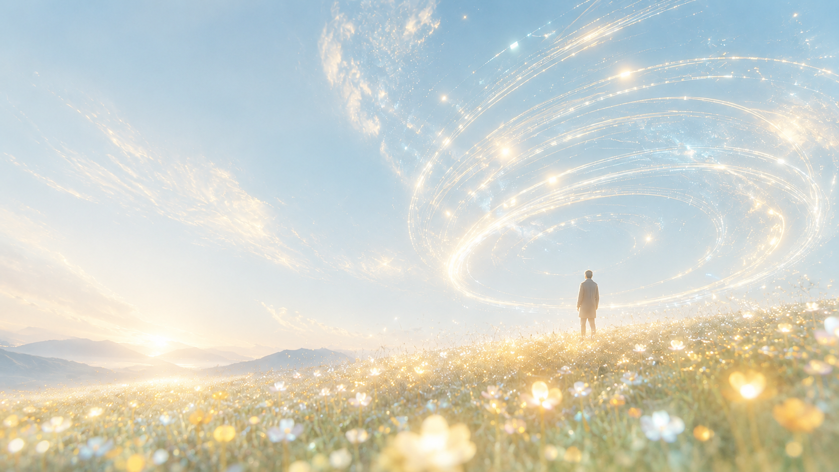 Figure on a flower meadow at sunrise beneath a swirling golden vortex of light