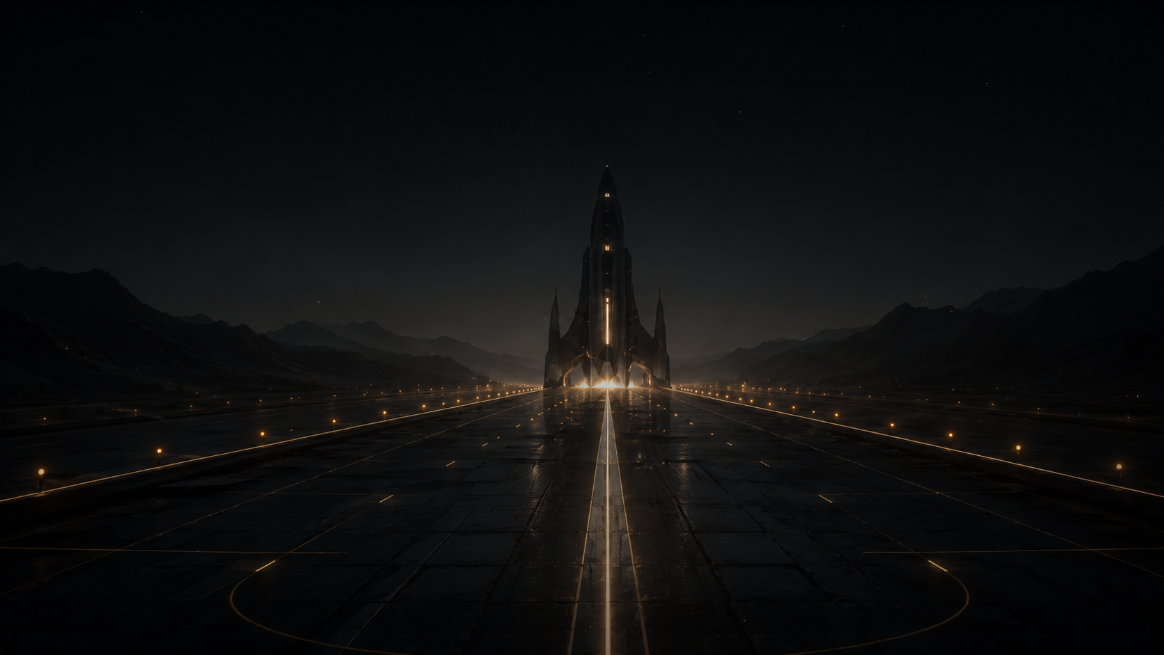 A spire-shaped vessel on a vast luminous launchpad, golden runway lines converging to its base under a black sky.